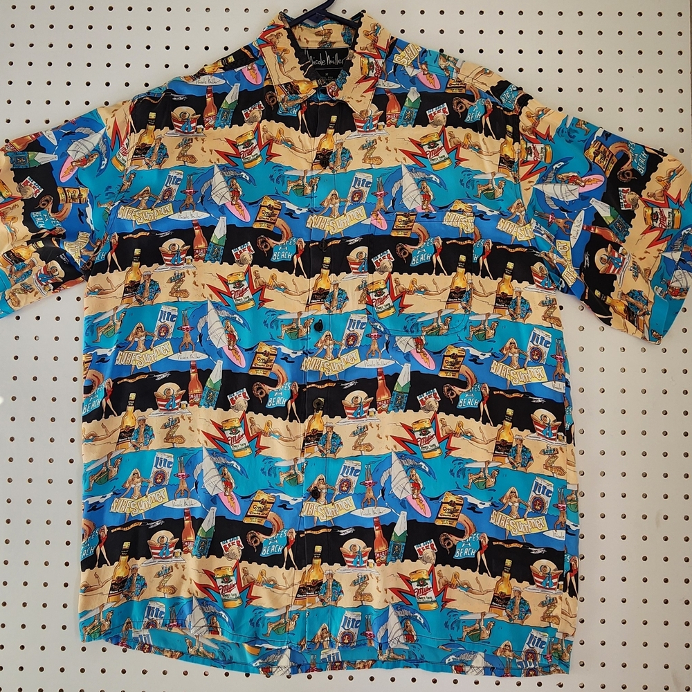 Vintage Nicole Miller 1993 Miller Lite Beer Silk Shirt Medium Beach Surf Summer
